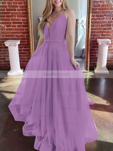 A-line V-neck Tulle Sweep Train Prom Dresses #Favs020107304