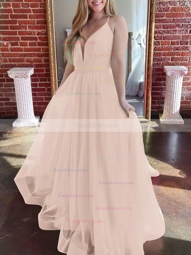 A-line V-neck Tulle Sweep Train Prom Dresses #Favs020107304