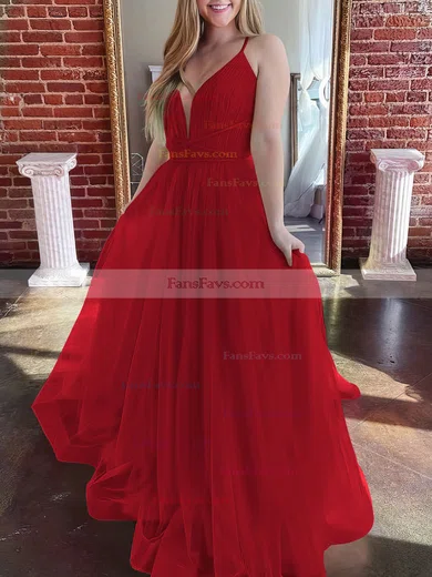 A-line V-neck Tulle Sweep Train Prom Dresses #Favs020107304