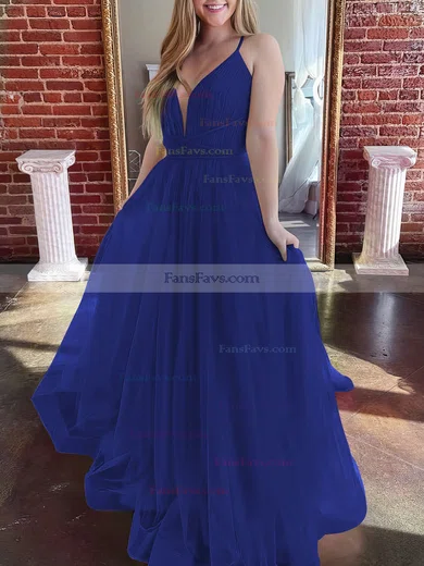 A-line V-neck Tulle Sweep Train Prom Dresses #Favs020107304