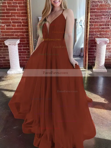 A-line V-neck Tulle Sweep Train Prom Dresses #Favs020107304