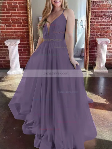 A-line V-neck Tulle Sweep Train Prom Dresses #Favs020107304