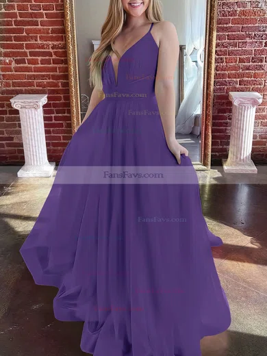 A-line V-neck Tulle Sweep Train Prom Dresses #Favs020107304