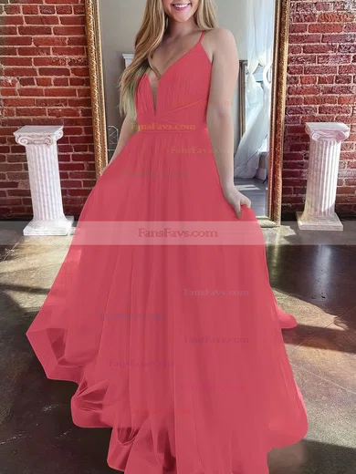 A-line V-neck Tulle Sweep Train Prom Dresses #Favs020107304