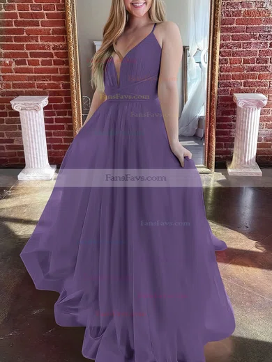 A-line V-neck Tulle Sweep Train Prom Dresses #Favs020107304