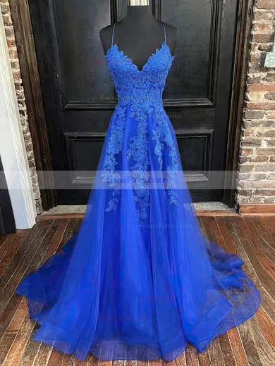 Ball Gown V-neck Tulle Sweep Train Appliques Lace Prom Dresses #Favs020107310