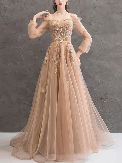 A-line Off-the-shoulder Tulle Sweep Train Appliques Lace Prom Dresses #Favs020107316