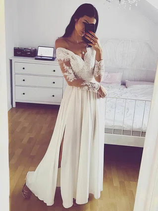 A-line Off-the-shoulder Chiffon Floor-length Split Front Prom Dresses #Favs020107321