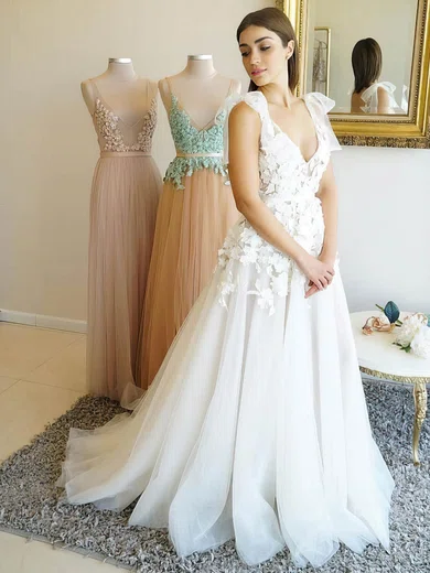 A-line V-neck Tulle Sweep Train Appliques Lace Prom Dresses #Favs020107324