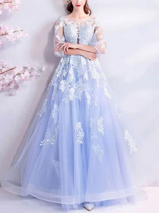 A-line Scoop Neck Tulle Sweep Train Beading Prom Dresses #Favs020107326 A-line Scoop Neck Tulle Sweep Train Beading Prom Dresses #Favs020107326