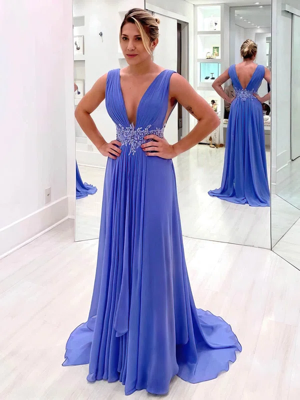 A-line V-neck Chiffon Sweep Train Beading Prom Dresses #Favs020107327