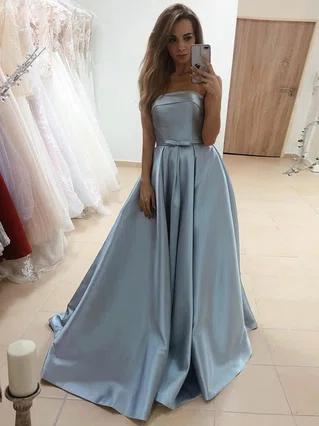 A-line Strapless Satin Sweep Train Bow Prom Dresses #Favs020107332 A-line Strapless Satin Sweep Train Bow Prom Dresses #Favs020107332