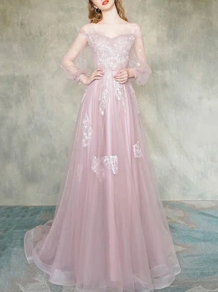 A-line Off-the-shoulder Tulle Sweep Train Appliques Lace Prom Dresses #Favs020107333