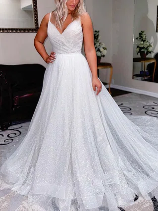 A-line V-neck Glitter Sweep Train Beading Prom Dresses #Favs020107334 A-line V-neck Glitter Sweep Train Beading Prom Dresses #Favs020107334