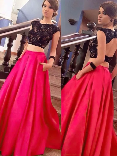 Ball Gown Scoop Neck Satin Sweep Train Beading Prom Dresses #Favs020104397