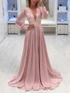 A-line V-neck Chiffon Sweep Train Appliques Lace Prom Dresses #Favs020107337