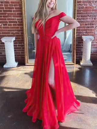 A-line Off-the-shoulder Chiffon Sweep Train Split Front Prom Dresses #Favs020107341