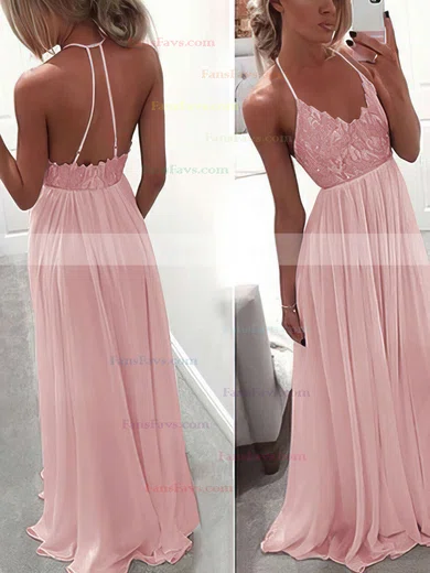 A-line V-neck Chiffon Floor-length Lace Prom Dresses #Favs020104412