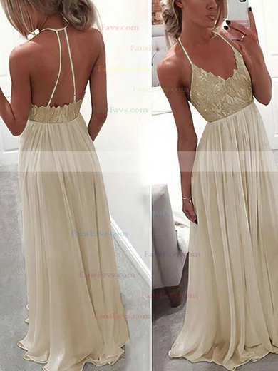 A-line V-neck Chiffon Floor-length Lace Prom Dresses #Favs020104412