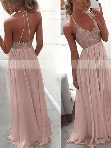 A-line V-neck Chiffon Floor-length Lace Prom Dresses #Favs020104412