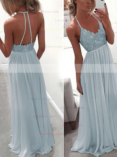 A-line V-neck Chiffon Floor-length Lace Prom Dresses #Favs020104412