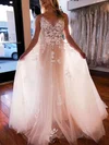 A-line V-neck Tulle Court Train Appliques Lace Prom Dresses #Favs020107346