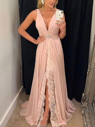 A-line V-neck Chiffon Sweep Train Lace Prom Dresses #Favs020107347