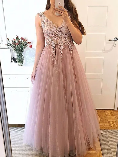 A-line V-neck Tulle Floor-length Beading Prom Dresses #Favs020107356