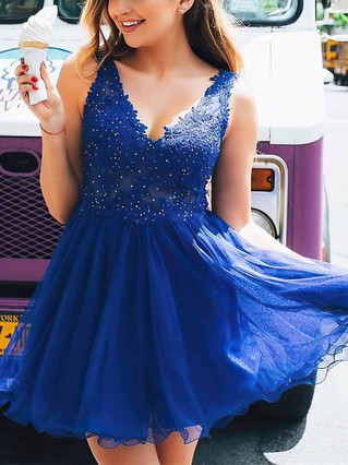 A-line V-neck Tulle Short/Mini Beading Prom Dresses #Favs020107361 A-line V-neck Tulle Short/Mini Beading Prom Dresses #Favs020107361
