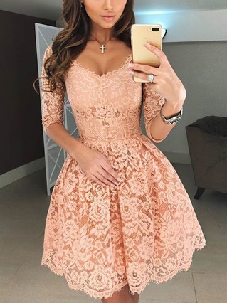 A-line V-neck Lace Short/Mini Prom Dresses #Favs020107365 A-line V-neck Lace Short/Mini Prom Dresses #Favs020107365
