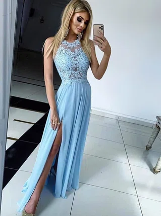 Sheath/Column Scoop Neck Chiffon Sweep Train Appliques Lace Prom Dresses #Favs020107370