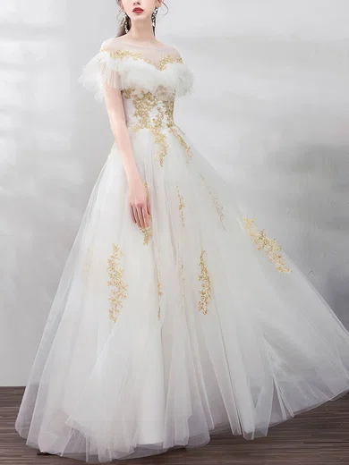 A-line Scoop Neck Tulle Floor-length Appliques Lace Prom Dresses #Favs020107372