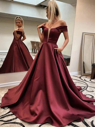 A-line Off-the-shoulder Satin Sweep Train Pockets Prom Dresses #Favs020107375 A-line Off-the-shoulder Satin Sweep Train Pockets Prom Dresses #Favs020107375