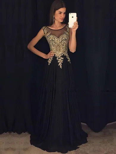 A-line Scoop Neck Chiffon Floor-length Appliques Lace Prom Dresses #Favs020104427