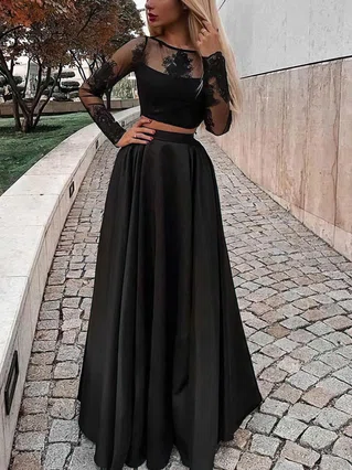 A-line Scoop Neck Satin Floor-length Appliques Lace Prom Dresses #Favs020107381