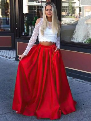 A-line Scoop Neck Lace Satin Sweep Train Pockets Prom Dresses #Favs020107385 A-line Scoop Neck Lace Satin Sweep Train Pockets Prom Dresses #Favs020107385