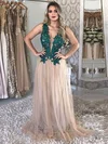 A-line V-neck Tulle Sweep Train Appliques Lace Prom Dresses #Favs020107388