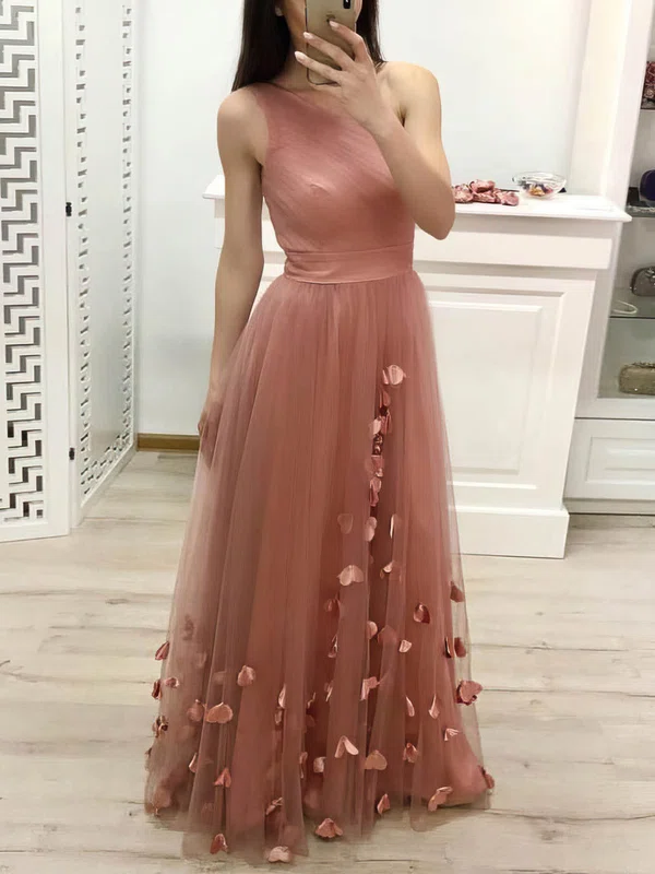 A-line Scoop Neck Tulle Floor-length Flower(s) Prom Dresses #Favs020107396