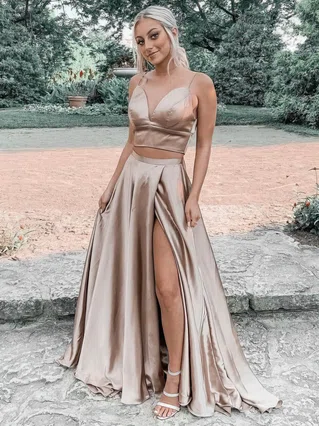 A-line V-neck Silk-like Satin Sweep Train Split Front Prom Dresses #Favs020107399 A-line V-neck Silk-like Satin Sweep Train Split Front Prom Dresses #Favs020107399
