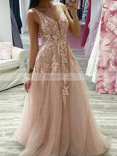 A-line V-neck Tulle Sweep Train Appliques Lace Prom Dresses #Favs020107403