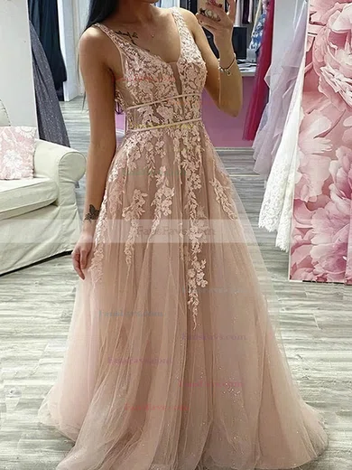 A-line V-neck Tulle Sweep Train Appliques Lace Prom Dresses #Favs020107403