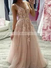 A-line V-neck Tulle Sweep Train Appliques Lace Prom Dresses #Favs020107403