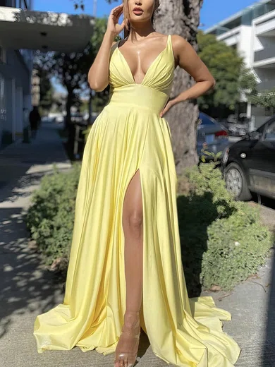 A-line V-neck Silk-like Satin Sweep Train Split Front Prom Dresses #Favs020107409