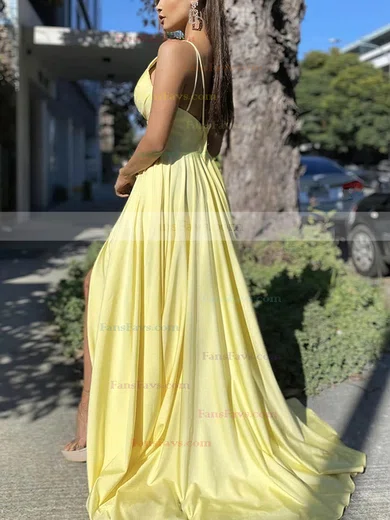 A-line V-neck Silk-like Satin Sweep Train Split Front Prom Dresses #Favs020107409