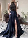 A-line High Neck Silk-like Satin Sweep Train Pockets Prom Dresses #Favs020107411