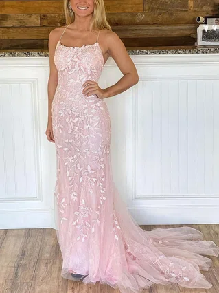 Trumpet/Mermaid Square Neckline Tulle Sweep Train Appliques Lace Prom Dresses #Favs020107416 Trumpet/Mermaid Square Neckline Tulle Sweep Train Appliques Lace Prom Dresses #Favs020107416