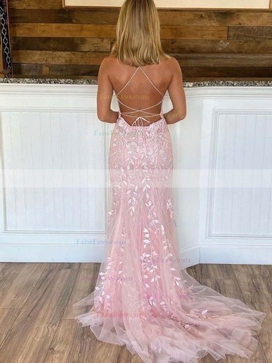 Trumpet/Mermaid Square Neckline Tulle Sweep Train Appliques Lace Prom Dresses #Favs020107416