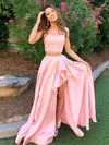 A-line Strapless Lace Silk-like Satin Sweep Train Split Front Prom Dresses #Favs020107421