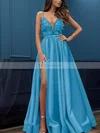 A-line V-neck Satin Sweep Train Appliques Lace Prom Dresses #Favs020107424