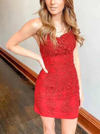 Sheath/Column Square Neckline Satin Short/Mini Appliques Lace Prom Dresses #Favs020107429